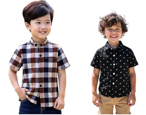 Image of Boys Short Sleeve Button Down Shirts, Plaid and Striped Pattern, Cotton Casual Tops, Pack of 2