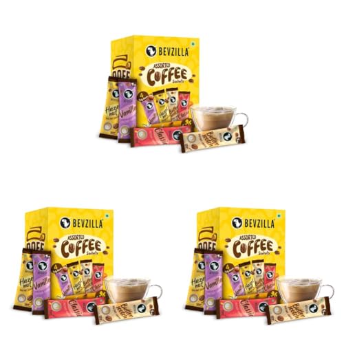 Image of Bevzilla 96 Instant Coffee Powder Sachets(4 Flavours) - 192 Grams | Hazelnut, Classic, Vanilla & Butterscotch | 24 pouches Each Flavour | Arabica Coffee | for Espresso, Latte,Cappuccino | Hot & Cold Brews