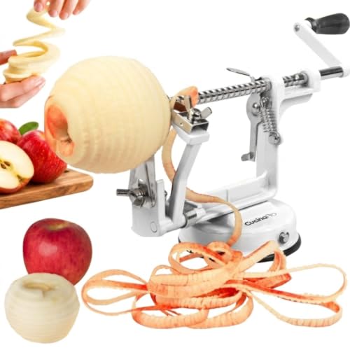 Image of Apple Peeler and Corer by Cucina Pro - Long Lasting Chrome Cast Iron with Countertop Suction Cup, White | Countertop Hand Crank for Fruits, Potatoes or Veggies, Picking Season- Pie, Treat Dessert Baking, Must Have Fall Kitchen Tool