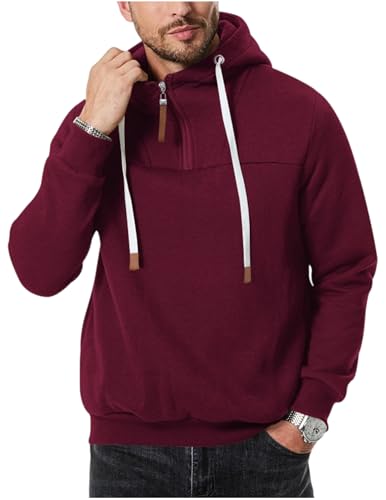 EndoraDore Mens Hoodies Quarter Zip Up Casual Long Sleeve Winter Fleece Sweatshirts For Men Burgundy 3XL