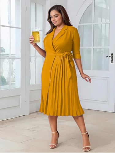 Image of Hostoyo Plus Size Wrap Dress Elegant Pleated Formal Midi Dresses Suit Collar 3 /4 Sleeve Belted Casual Church Outdoor Office