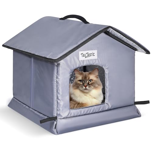 Outdoor Cat House Weatherproof & Insulated for Winter - Upgraded Seamless Bottom Feral Cat Shelter, Waterproof Cat Houses for Outdoor Cats, Easy to Assemble Outside Cat House with Mat (Grey, S)