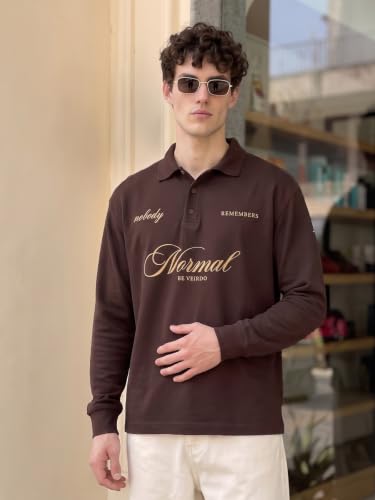 Image of Veirdo Men's Loopknit Cotton Oversized Baggy Fit | Full Sleeve Polo T-Shirt | Casual Streetwear with Ribbed Cuffs Travel | Sizes: S to XXL
