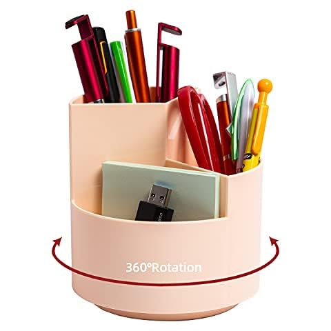 Desk Pencil Pen Holder, 3 Slots 360-Degree Spinning Pencil Pen Desk Organizers, Desktop Storage Pen Organizers Stationery Supplies, Cute Pencil Cup Pot for Office, School, Art Supply, Kids - Pink Cover