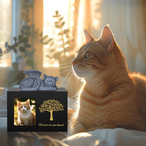 DiDiBirDi Tierurnen für Katze,Haustier Einäscherung Box,Katze Urne für Asche,Schwarze Katze Urnen aus Holz für Asche,Wird mit Einer Katzenstatue aus Kunstharz und einem Samtbeutel zur Aufbewahr