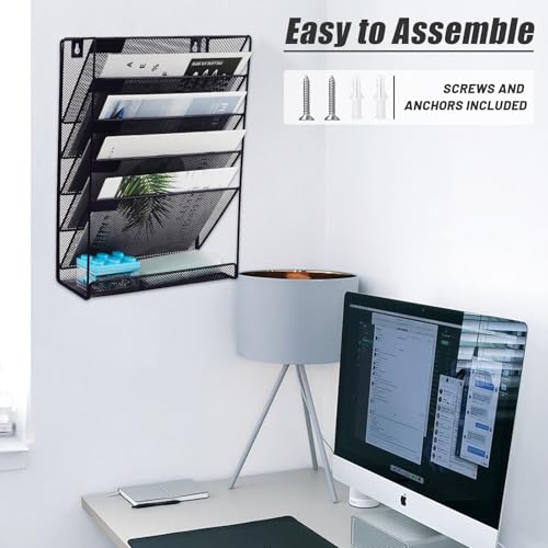 EASEPRES 6 Tier Mesh Hanging Wall File Organizer, Desk Mail Paper Document Folder Holder, Clipboard Storage Organization Magazine Rack with Bottom Tray and Nametag Label for Office Home School, Black - Thumbnail 7