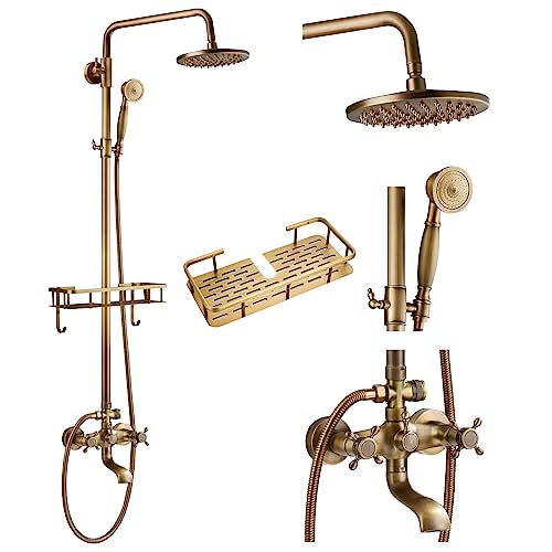gotonovo Exposed Bathroom Shower Faucet Shower System 8 Inch Shower Head Wall Mounted Triple Function Tub Spout Double Cross Handles Adjustable Handheld Sprayer With Shower Shelf Antique Brass gotonovo Exposed Bathroom Shower Faucet Shower System 8 Inch Shower Head Wall Mounted Triple Function Tub Spout Double Cross Handles Adjustable Handheld Sprayer With Shower Shelf Antique Brass