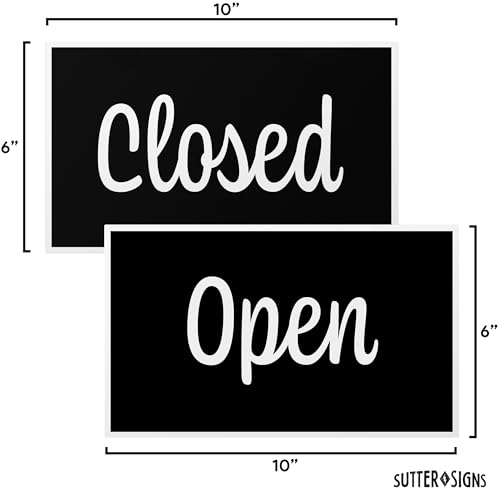 Open Closed Sign for Business, 10\" x 6\" Double Sided Plastic Sign with Twine, Suction Cup Hook, Business Hours (Black/White)