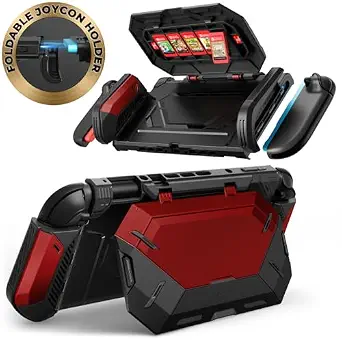 i-Blason Dockable for Nintendo Switch 2 Case with Stand [Game Card Storage] [All-in-One Grip Case] [Convenient Foldable Joycon Holder] Comfortable Ergonomic Grip Protective Cover for Switch 2, Red