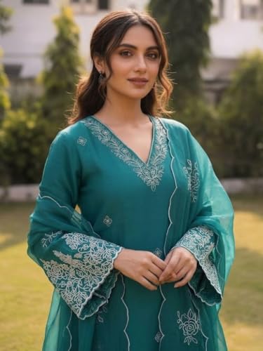 Image of SHIENZY Women's Embroidered Kurta Pant Set with Dupatta | Straight Kurta Set for Women | Ethnic Kurta Set for Women, Traditional Indian Kurta Pant Dupatta Set