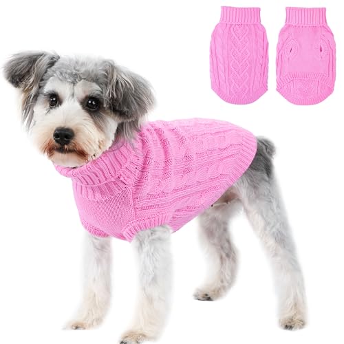 Image of Dog Sweaters Small Dog Clothes for Winter Solid Knitted Puppy Sweater Warm Pet Cat Sweater Doggy Pullover Outfit with Heart-Shape Design(Pink, Large)