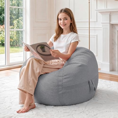 Image of 2FT Bean Bag Chair 2'Bean Bag Chairs with Memory Foam Filled Small Bean Bag | Bean bags with Machine Washable Cover Fine Corduroy Fabric, Comfy Chairs for Living Room, Bedroom, Dorm, Lightgrey