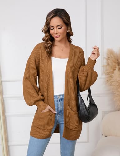 SPR&JOY Women’s Lantern Sleeve Cardigan Sweaters, Drop Shoulder Open Front Knit Tops, Solid Loose Outwear Coats with Pockets2