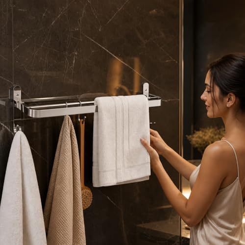 Image of Well Set Stainless Steel Towel Hanger for Bathroom /Dual Folding Towel Rack /Towel Stand /Bathroom Accessories (24-Inch) Chrome