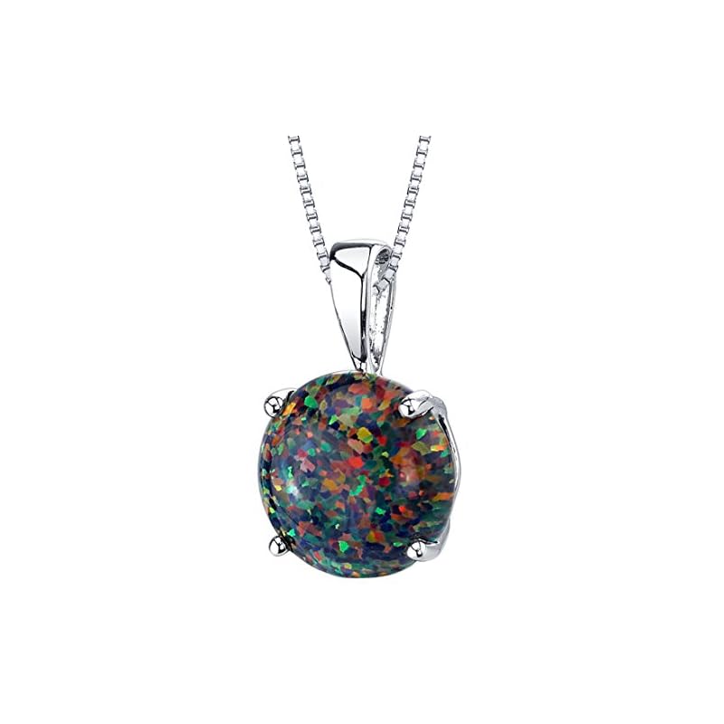Peora 14K White Gold Created Black Fire Opal Pendant for Women, Classic Solitaire, 1 Carat Round Shape 8mm, AAA Grade