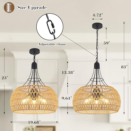 Pavloatu 20" Rattan Farmhouse Chandeliers for Dining Room, 5-Light Boho Rattan Chandelier Light Fixtures with Woven Wicker Lampshade, Rustic Pendant Lighting for Kitchen Island, Living Room - Image 3