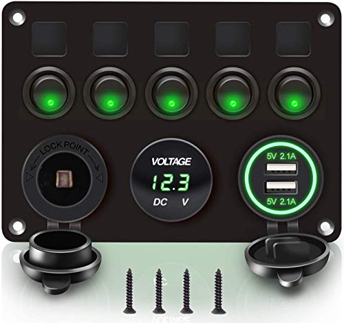 Panneau de commutateur à bascule à 5 gangs avec prise de fente USB double 5V 4.2A + allume-cigare + voltmètre pour bateau marin voiture véhicules RV camion 12-24V LED bleu étanche (Vert) Cover