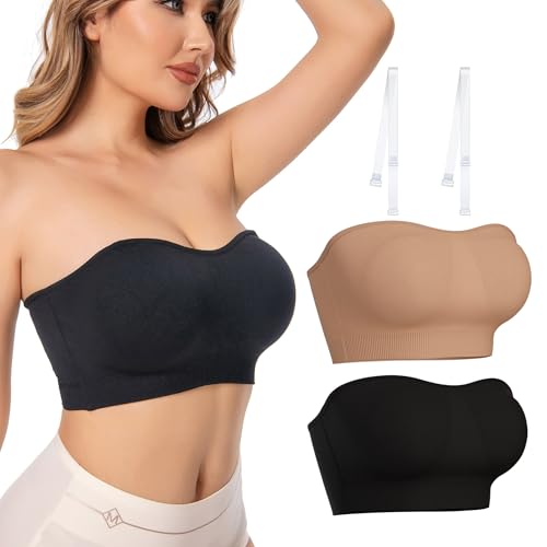 2 Stück Bandeau BH Damen Trägerloser BH Push Up Bustier Top ohne Bügel Schulterfrei Bra Tube Top mit Rutschfester Silikon Transparente Träger Beige+Schwarz M