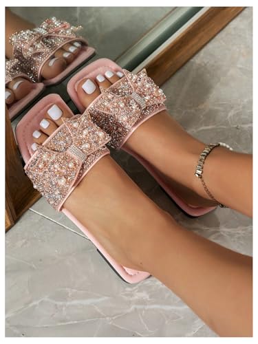 Verdusa Women's Rhinestone peals Bow Leather Flat Sandals Slip on Open Toe Sandals4