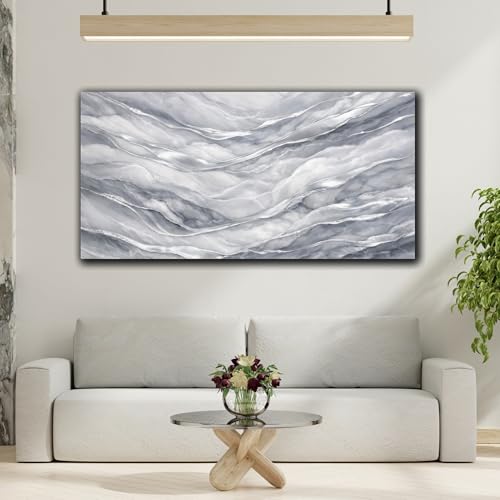 Tableau abstrait abstract marble waves grey silver déco murale horizontale - 3