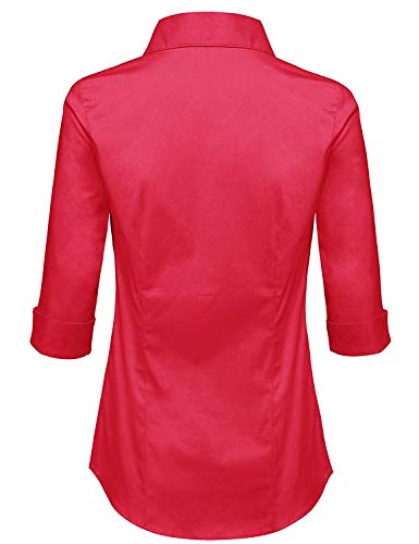 MAYSIX APPAREL 3/4 Sleeve Stretchy Button Down Collar Office Formal Shirt Blouse for Women HOTPINK L
