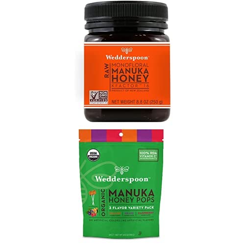 Wedderspoon Raw Premium Manuka Honey Kfactor 16 (8.8 Oz, Pack Of 1) And Manuka Honey Lollipops Variety Pack (24 Count, Pack Of 1) - Genuine New Zealand Honey, Perfect Remedy For Dry Throats #TOP16