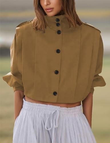 Womens Cropped Pleated Jacket Lapel Long Sleeve Button Down Short Trench Coat Casual Trendy Outwear3
