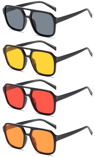 Image of IKANOO 4 Pieces Vintage Retro 70s Square Aviator Sunglasses Women Men Classic Rectangle Sunglasses Trendy Shades