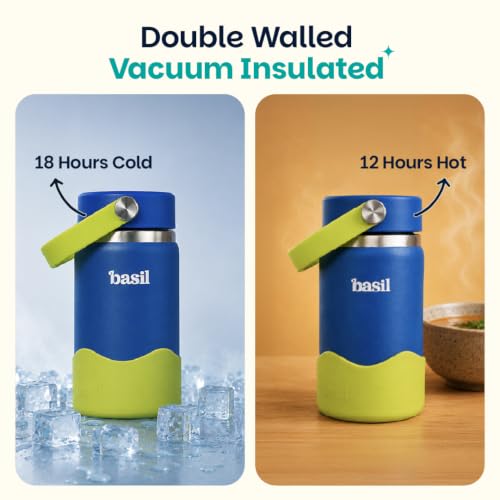 Image of Basil HydraRush Stainless Steel Insulated Kids Water Bottle for School, 380ml Leakproof Bottle with Carry Handle, Double Wall Vacuum Thermosteel Bottle for School, Sports, Travel & Outdoor Use | Oasis