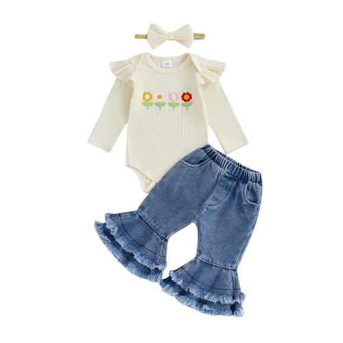 Image of fhutpw Newborn Baby Girl Outfits Rib Knit Romper Jeans Flare Pants Headband Infant Fall Winter Clothes 0 3 6 9 12 18 Months