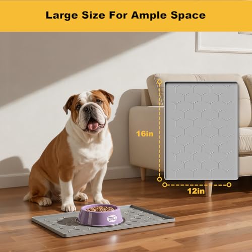 Pieviev 16\'\'x12\'\' Dog Cat Food Bowl Mat, Silicone Waterproof Food Grade Pet Food Mat for Floor, High Raised Edge to Prevent Spills, Non-Slip & Easy Clean Pet Placemat for Dog & Cat Bowls, Light Gray