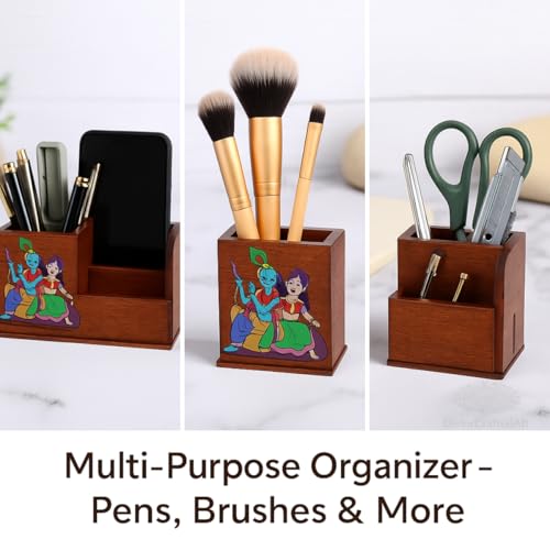 Image of Handcrafted Wooden Pen Holder & Mobile Stand | Desk Organizer for Office, Home & Study Table | Pen Pencil Stand with Card Holder (6.75x3.75x2.5 Inch) (Krishana Radhe Desk)