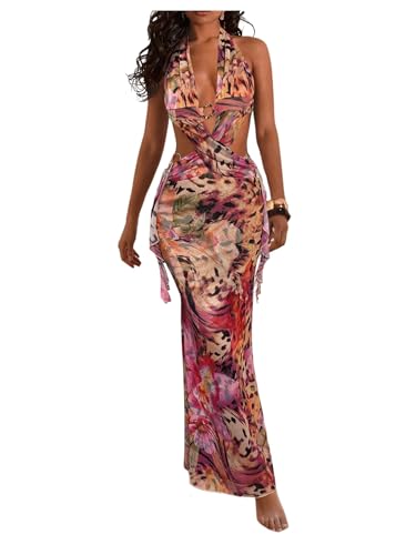 WDIRARA Women's Halter Cut Out Dress Floral Cheetah Print High Slit Dresses