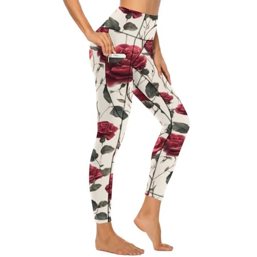 Womens Workout Leggings with Pockets Christmas High Waisted Tummy Control No See Through Stretch Activewear Running Yoga Pants Rose L