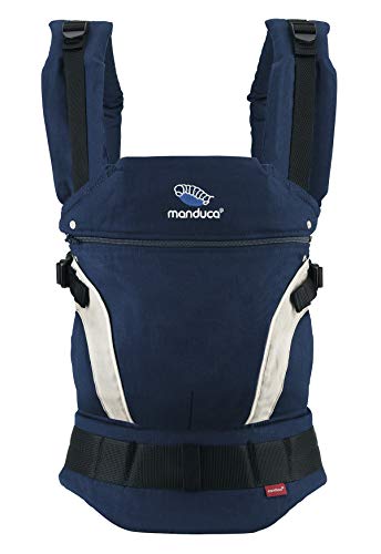 manduca FIRST Babytrage > < Baby- und Kindertrage mit Rückenverlängerung & ergonomischen Hüftgurt für Kinder von 3,5 bis 20kg (HempCotton navy)