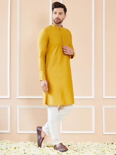 Image of See Designs Men Full Sleeve Sleeve Side Slit Mandarin Collar Cotton Solid Straight Kurta with Pyjama