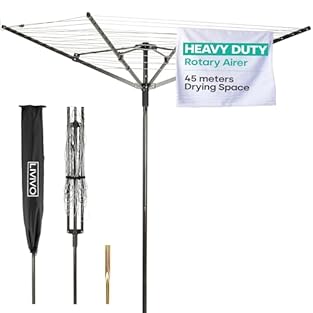 LIVIVO 4 ARM 45M ROTARY AIRER - Built to last, our highly stable and extra heavy duty rotary washing line has a mould, rust and weatherproof powder coated tubular frame, 45M of PVC coated rope drying line - enough for a large family - and includes a ...