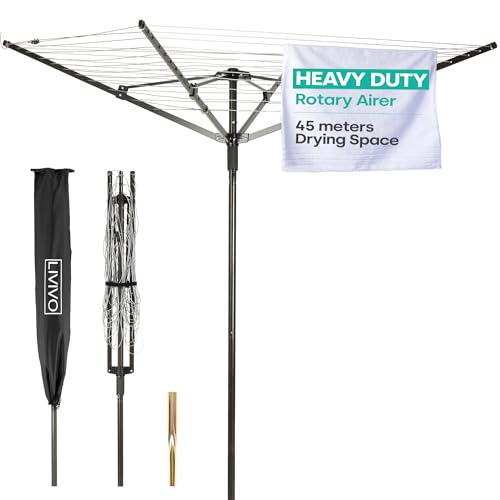 LIVIVO 4 Arm Rotary Washing Line - 45M Outdoor Clothes Line for Outside - Foldable Garden Rotary Outdoor Clothes Dryer Rotary Airer with Free Ground Washing Line Spike and Cover - Black
