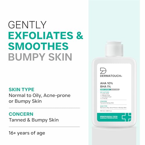 Image of DERMATOUCH AHA 10% BHA 1% Body Lotion For Men and Women | Body lotion For Dry Skin - De-tan, Moisturizing & Bumpy Skin | Suitable For All Skin Types | 100ml (Pack of 2)