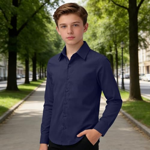 Chemise garçon en lin mélangé premium, coupe classique confortable pour enfants de 4 à 12 ans