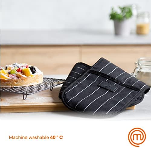 MasterChef Double Oven Gloves Heat Resistant 100% Cotton Black Cooking Stove Mitt Pot Holder With Vegan PU Leather Logo & Hanging Loop, Machine Washable