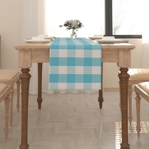 Sky Blue & White Cotton Buffalo Check Table Runner Cloth 2 Side for Family Dinners or Gatherings, Indoor or Outdoor Parties, Everyday Use, 12" x 90"