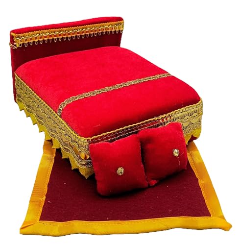 Image of RD Handicraft Thakur ji Bed, Laddu Gopal ji Bed, Bal Gopal ji Bed with Blanket Silk All Purpose Chowki |Tomato (17x16x10 cm)