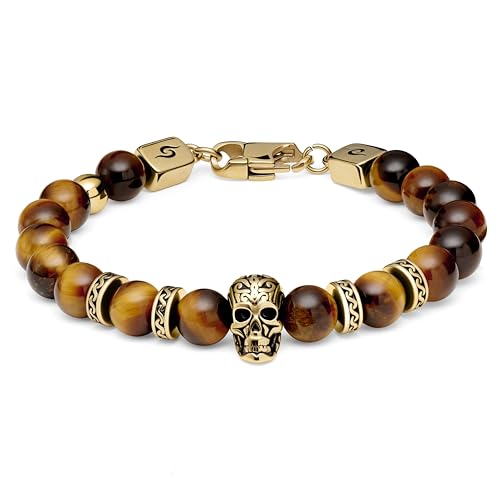 Arkai by Trendhim Pulsera de perlas para hombre, pulsera de piedra con ojo de tigre marrón y calavera de acero inoxidable dorado, joyas para hombre con mosquetón de latón, diseño danés, accesorio