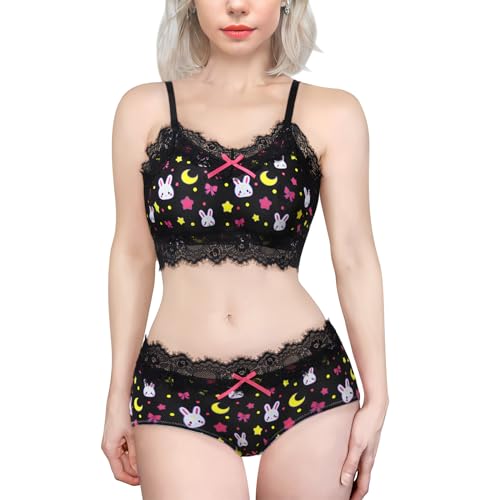 LittleForBig Lacy Trim Women Nightwear Strap Sleepwear Cami Top Shorts Lingerie Sweet Usagi Bralette Loungewear Set Black XL