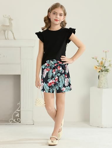 Image of Girls Shorts Sets 2 Pieces Summer Outfits Ruffle Sleeve T-Shirts and Shorts with Pockets Cute Clothes Sets
