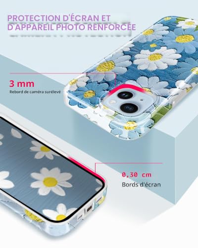 Coque antichoc iPhone 14 fine anti-rayures motif fleurs bleu