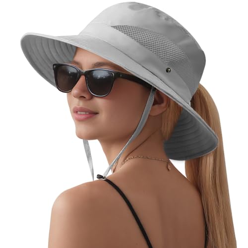 LOUXPERT Sun Hat for Women with Ponytail Hole: 8.5cm Wide Brim Hat with UPF 50+, Sun Protection for Beach Camping Gardening Hiking Travel (Grey, 58CM)