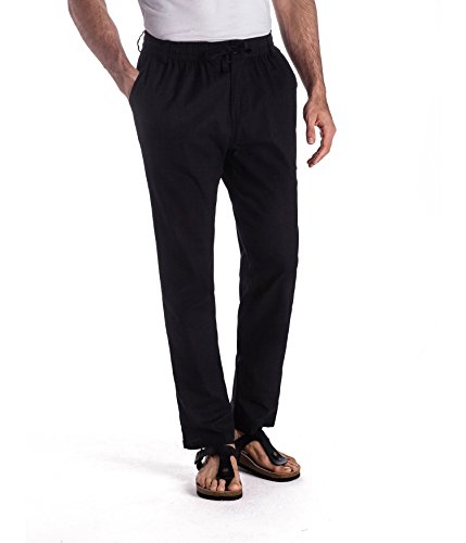 MUSE FATH Men’s Linen Drawstring Casual Beach Pants-Lightweight Summer Trousers-Black-L — view 4
