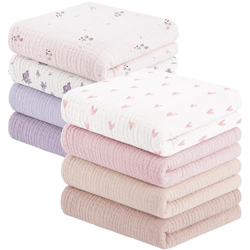 Susurration Mulltücher Baby Spucktücher,8er-Pack 100% Baumwolle Spucktücher Baby für Jungen und Mädchen, Weich, Atmungsaktiv und Extrem Saugfähig Musselin 60x60cm(Rosa-Violett)